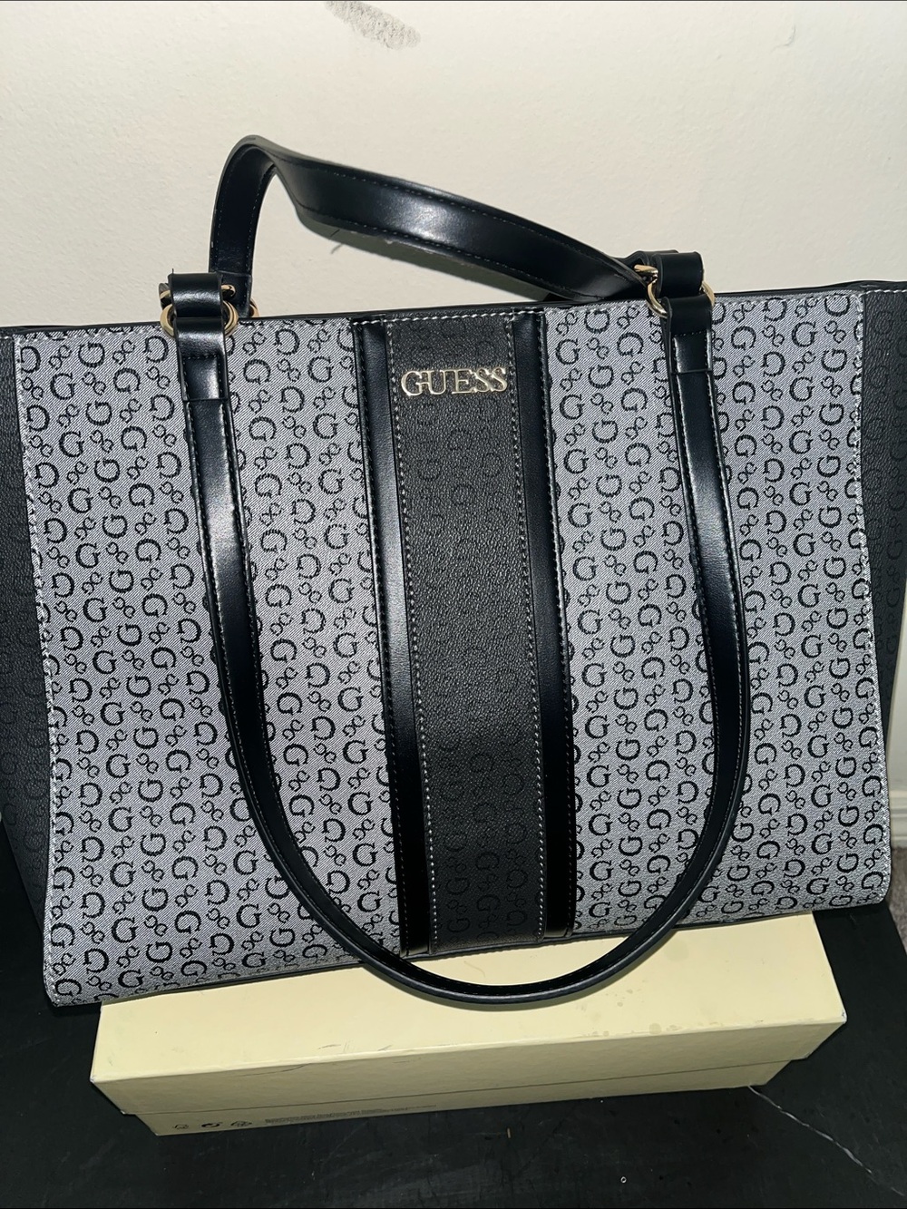GUESS Black and Gray Monogram Tote with Gold Logo